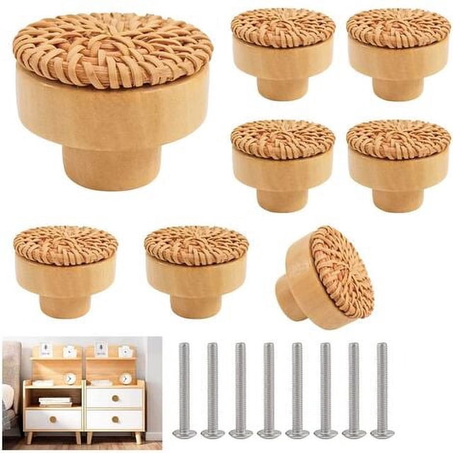 8 pomos de madera de ratán para muebles, tiradores redondos para cajones, armarios, tocadores, con tornillos