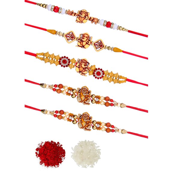 Crunchy Fashion Wooden Ganpati Rakhi Set- Pack of 5 With Roli & Chawal Tilak Raksha Bandhan Handmade For Men's