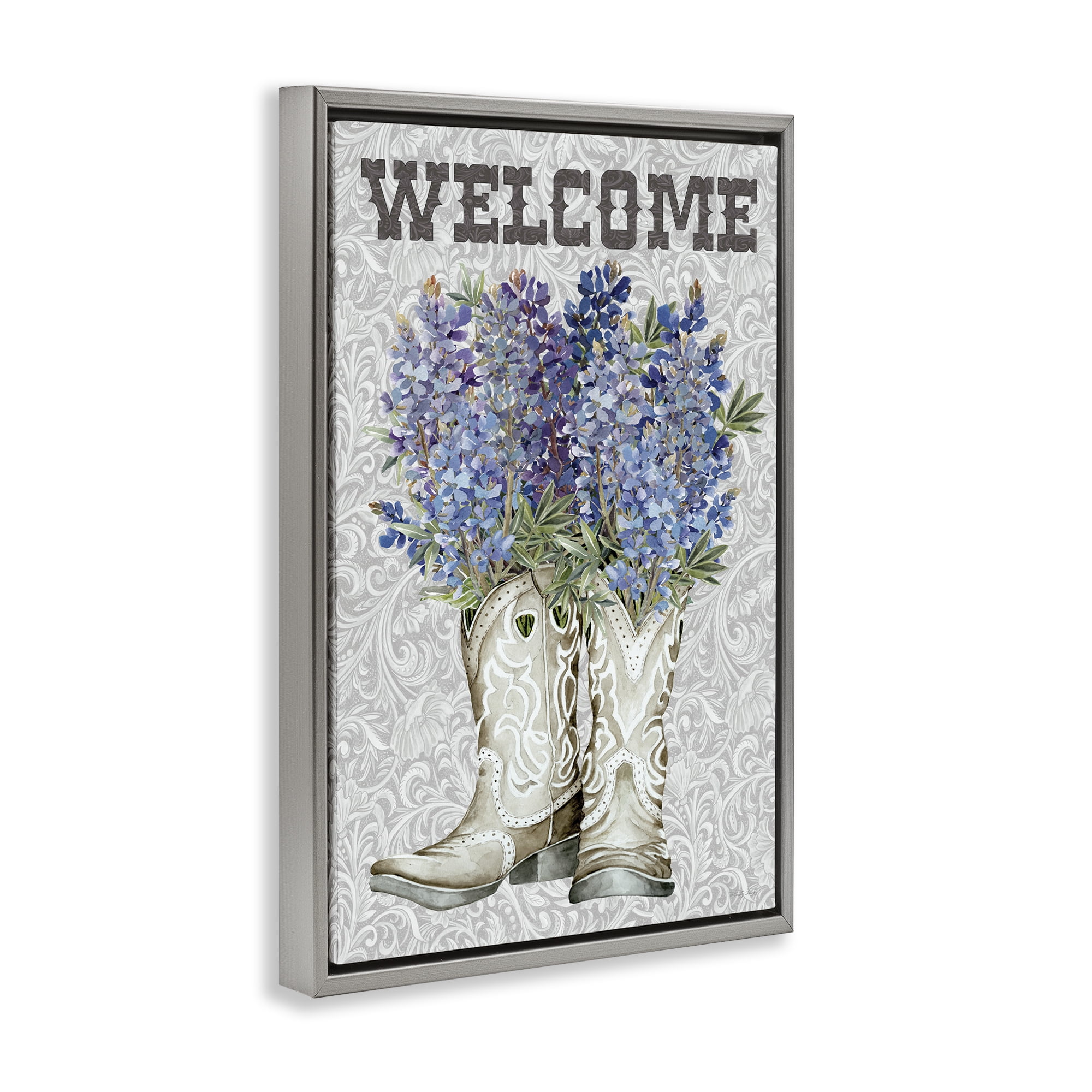 Stupell Industries Welcome Bluebonnet on Paisley Gray Framed Floater Canvas Wall Art, design by Cindy Jacobs