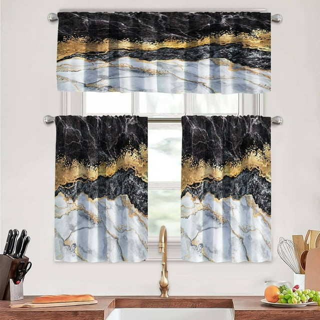 Marble and Gold Kitchen Curtains Tiers and Valances Set 3 Piece for Windows Creative Texture Kitchen Window Curtains Set,Gold Glitter Marble Valances for Living Room(36" Tiers Set)