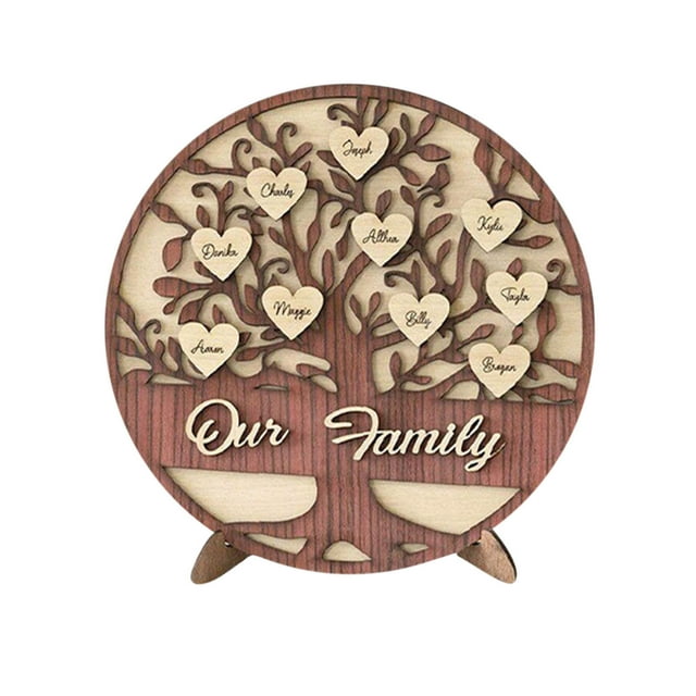 Custom Name Family Tree Wooden Heart Decor Sign for Desktop or Wall Display with Personalized Names and Walnut Front