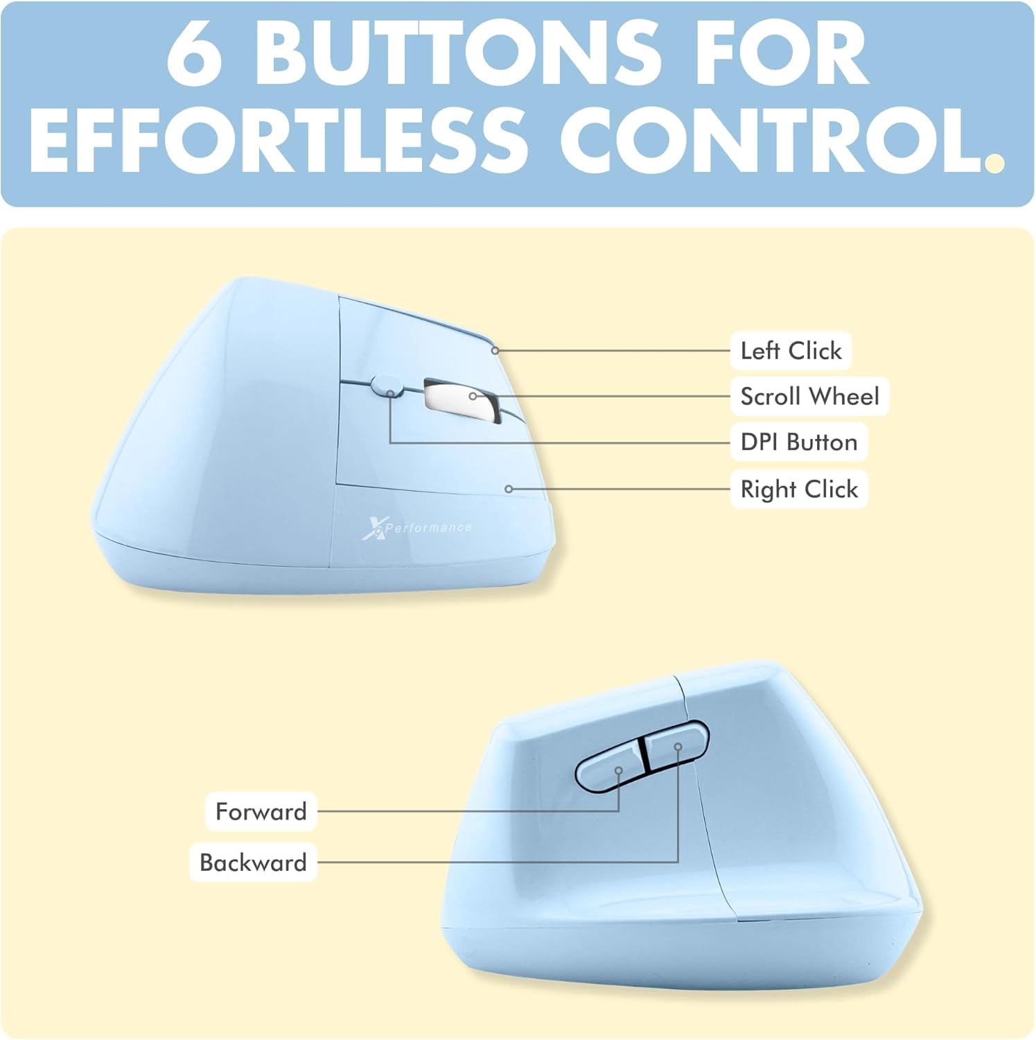 X9 Performance Wireless Vertical Ergonomic Mouse - (BT + 2.4Ghz) - Click in Comfort - Up to 4000 DPI, 6 Button, Rechargeable - Bluetooth Ergonomic Vertical Mouse Wireless - For Mac and PC - Blue