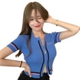 thumbnail image 1 of Guardurnaity Camiseta de punto Mujer Top de manga corta 2 cremalleras Abrigo causal corto delgado, Negro Prendas para la parte del cuerpo Azul, 1 of 6
