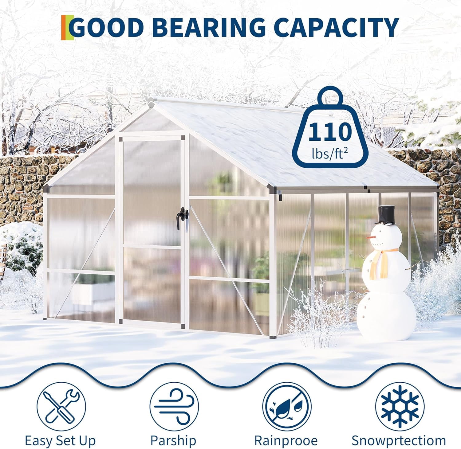 8x10 FT Greenhouse, Easy Assembly Aluminum Polycarbonate Greenhouses for Outdoors with Roof Vent and Ground Nails, Heavy Duty Aluminum Walk-in Greenhouse for Backyard, Sliding Lockable Door, Clear