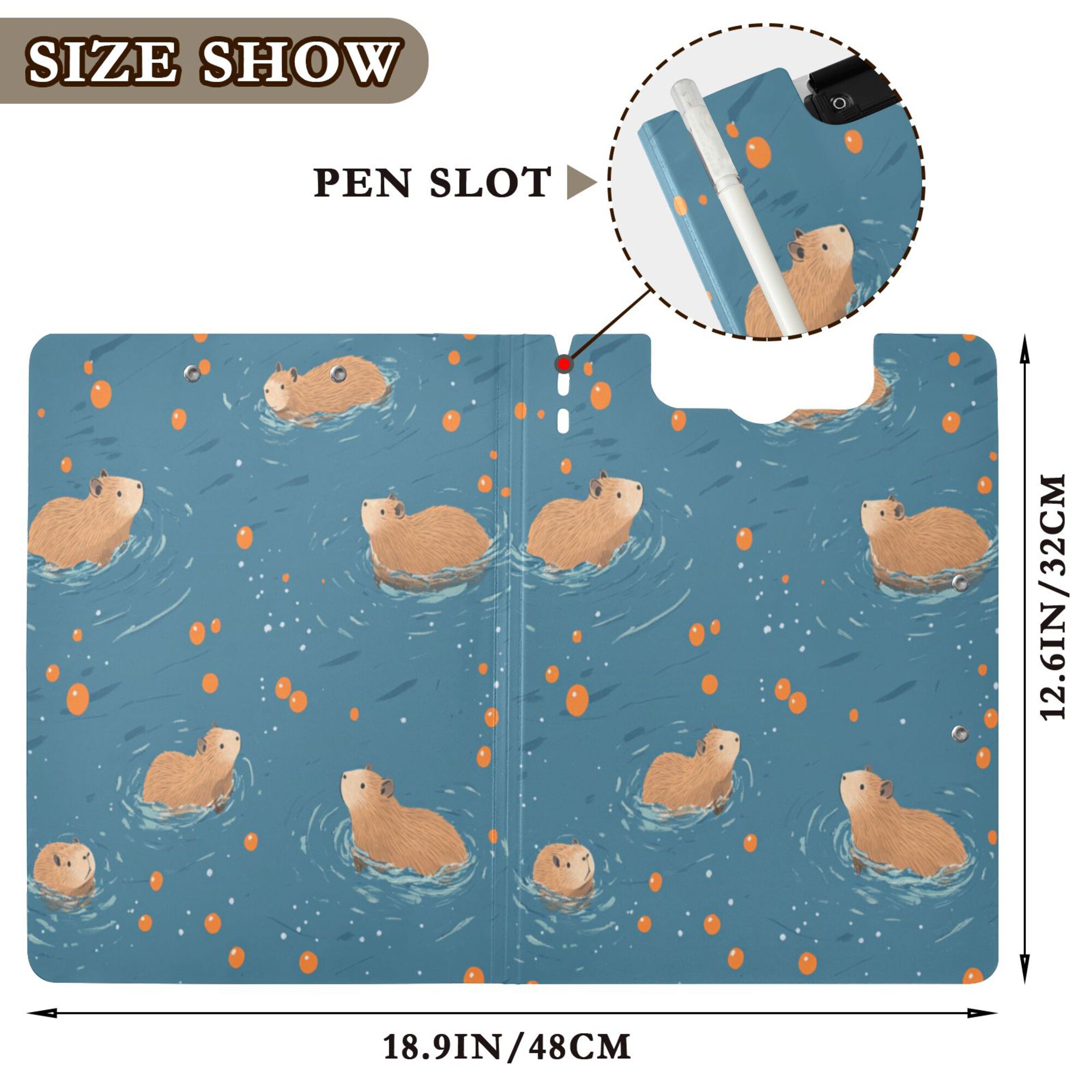 FORMRS A4 Clipboard Folder with Pen Holder Horizontal Foldable School Office Binder, Capybaras Swimming