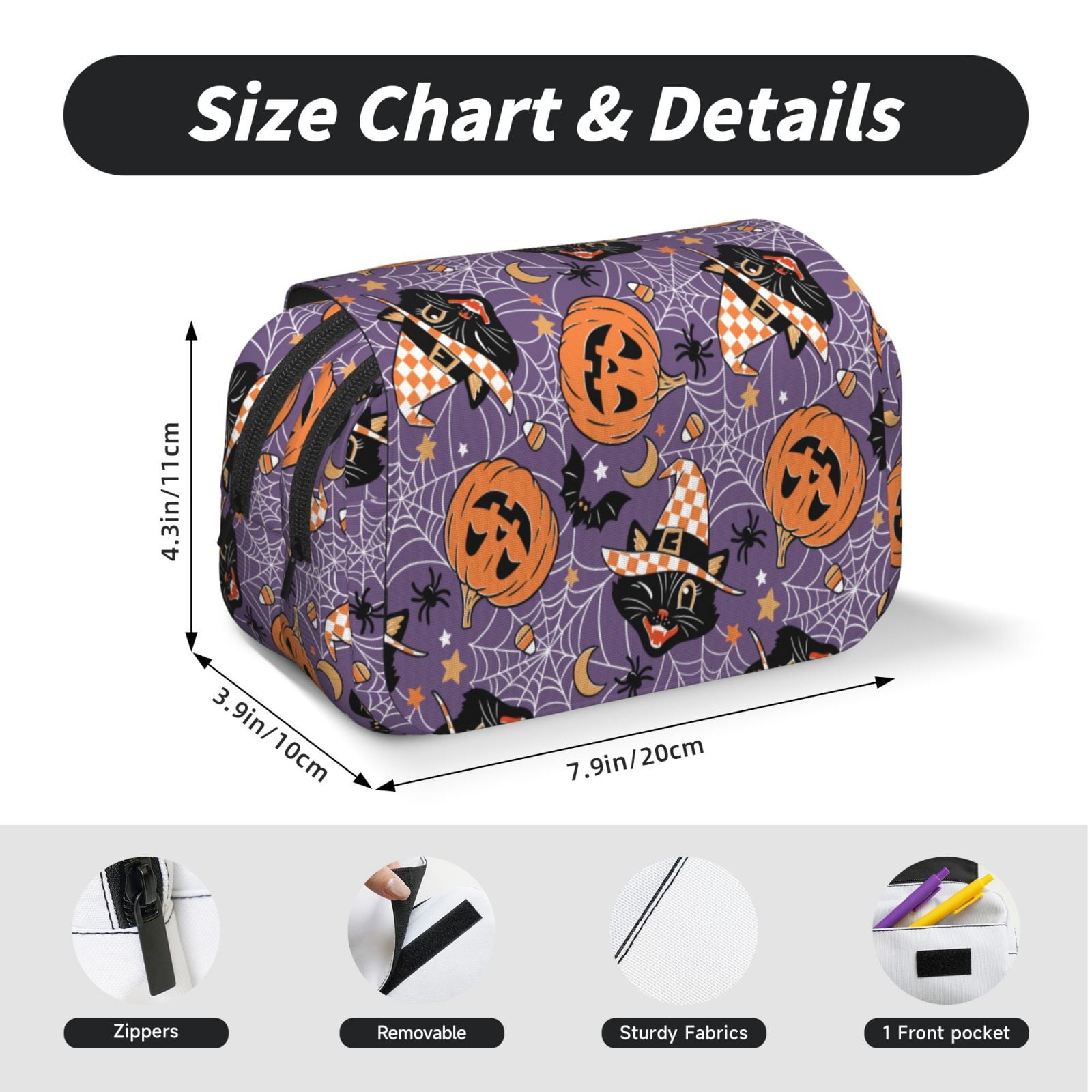 Rateoe Vintage Halloween Black Cat Pattern Double Clamshell Pen Case, Storage Organizer with Two Zipper Compartments– Holds Up to 50 Pencils & Pens