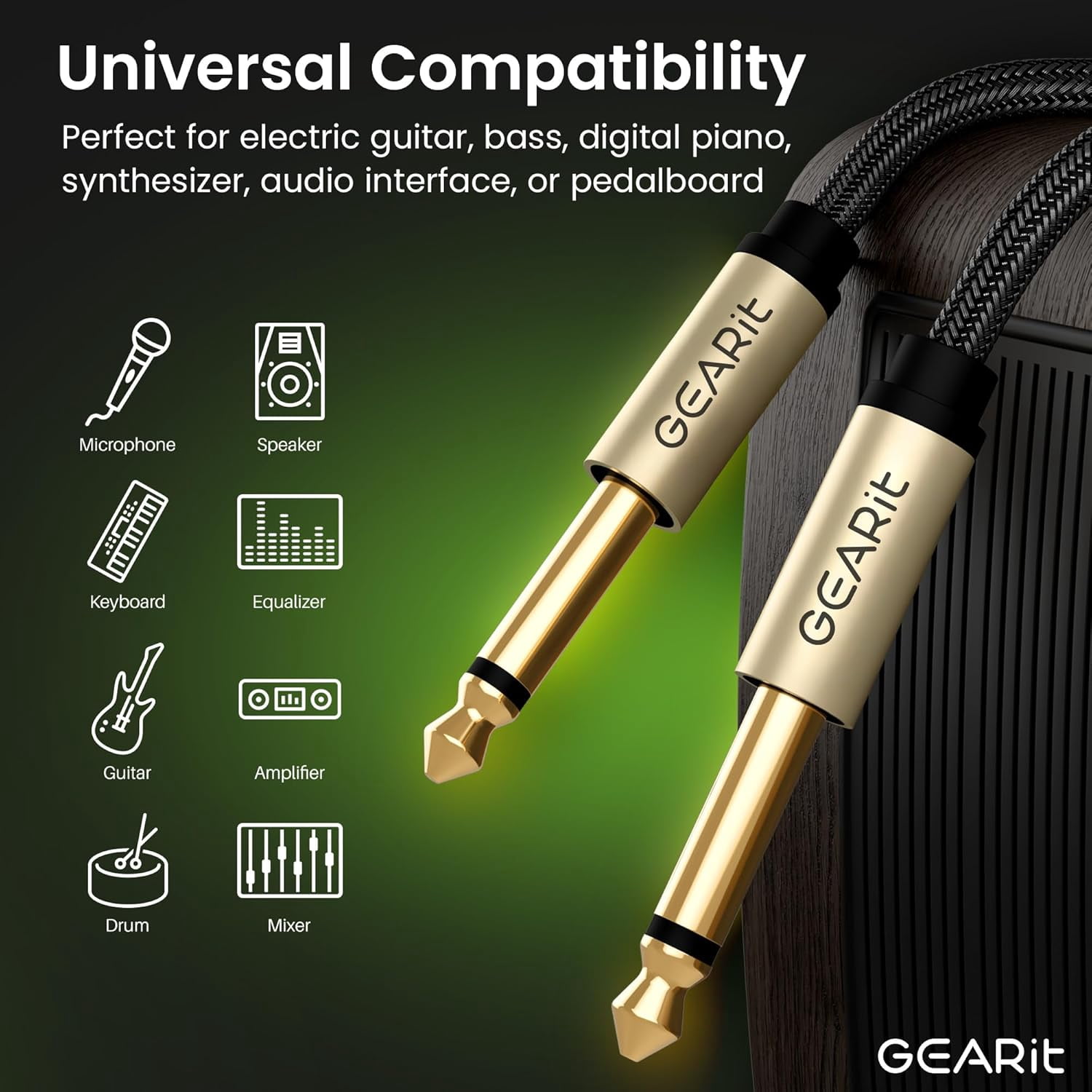 GearIT Guitar Instrument Cable (25ft) 1/4 Inch to 1/4 inch TS Straight Male to Male 6.35mm Mono Jack with Alloy Connector and Nylon Braid