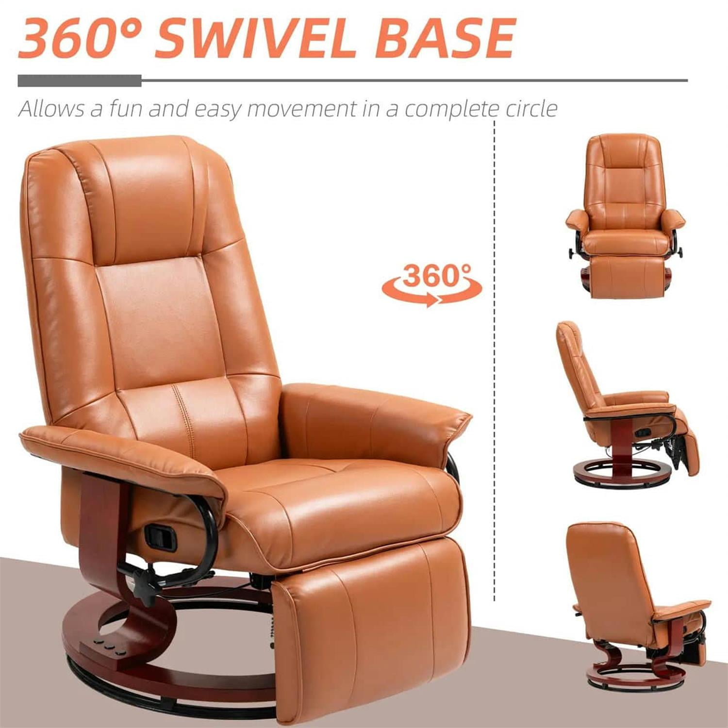 Demi Bonn 39" Faux Leather Swivel Recliner with Footrest and Armrest, Wooden Base, Comfortable Chair for Living Room, Brown