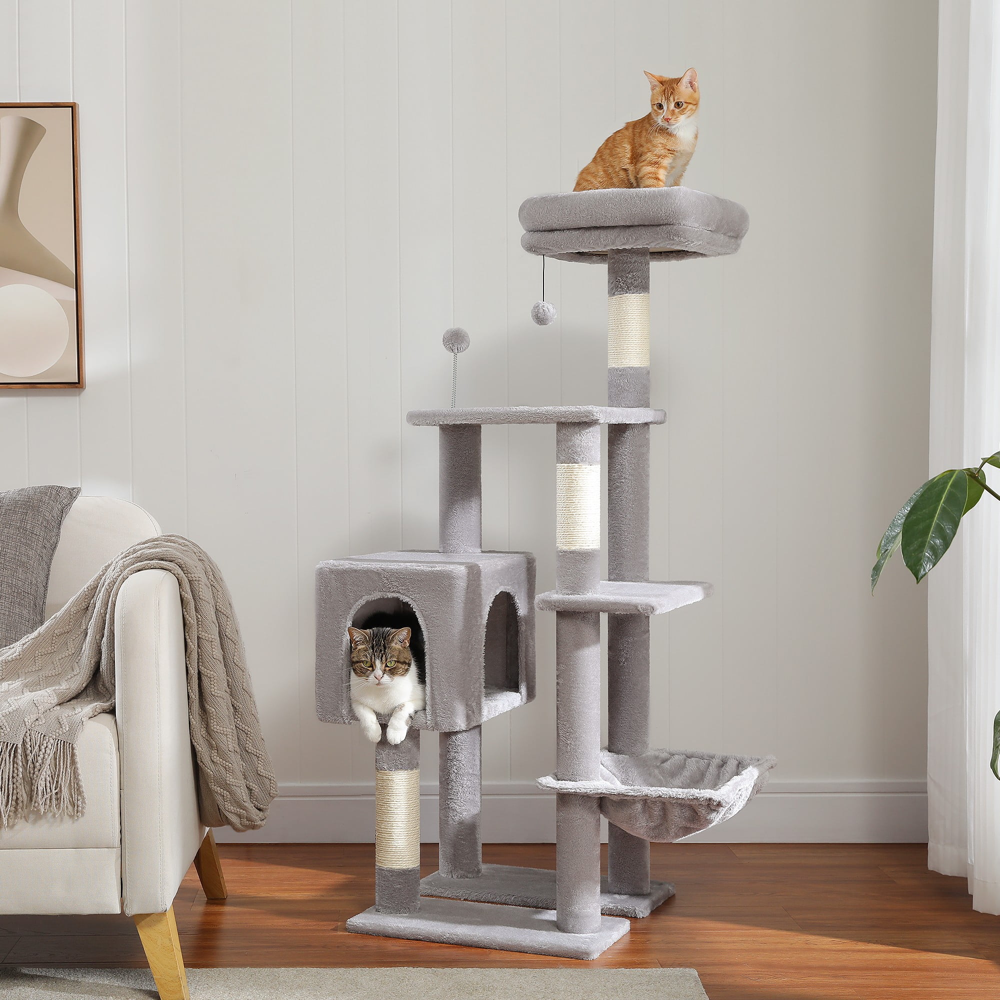 resenkos 50" Multi-Level Cat Tree Tower with Hammock, 2 Perches, Scratching Posts, Cat Condo for Indoor Cats Kittens Tree House, Gray
