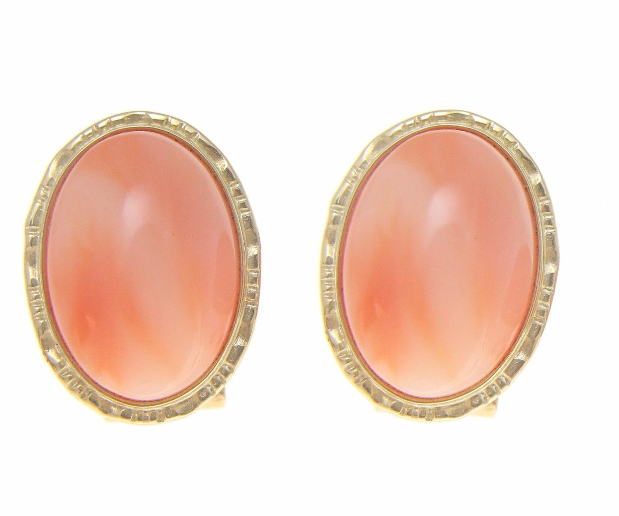 Genuine natural oval cabochon pink coral earrings omega backs 14k yellow gold by
