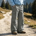 thumbnail image 3 of Iyufng Men's Drawstring Elastic Waist Casual Wide Leg Outdoor Cargo Pants with Button Flap Pocket, 3 of 7