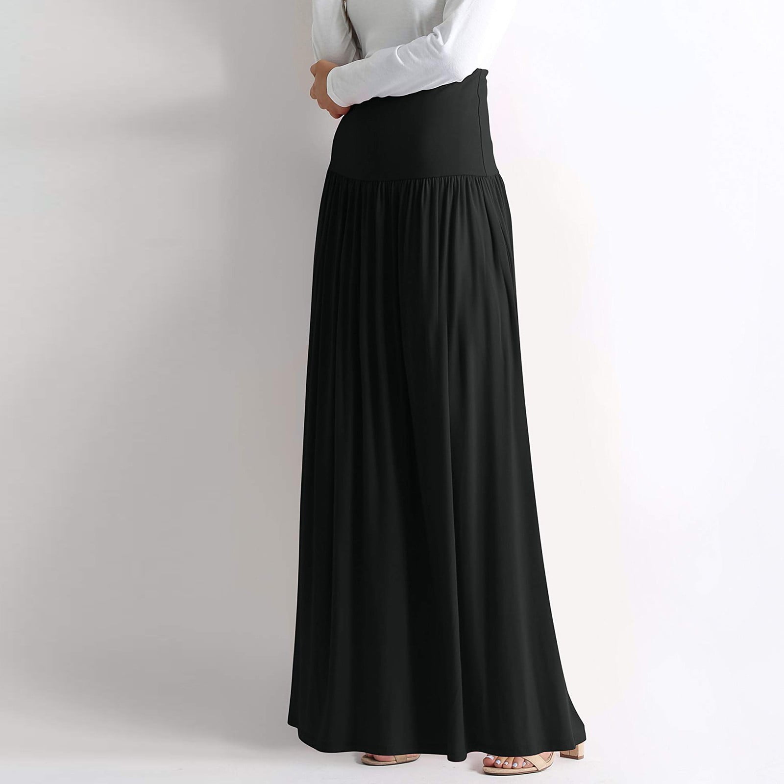 B91xZ Maxi Skirts for Women Super Comfy Ultra Stretch Midi Skirt Knee Length with Pockets Black XXL