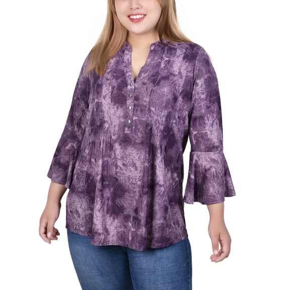 3/4 Bell Sleeve Pleat Front Y Neck