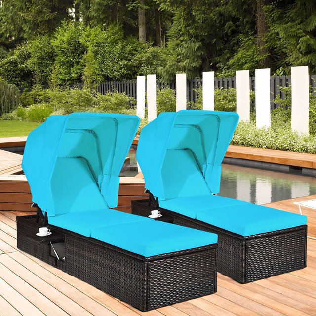 Costway Lot de 2 Chaises Longues de Patio en Rotin avec Coussin, Auvent Réglable, Turquoise