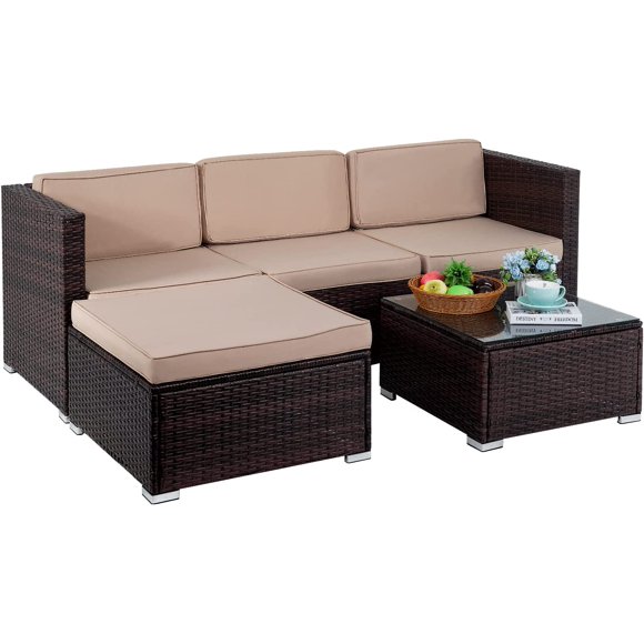 FDW 5-Piece Outdoor Patio Set, Rattan Wicker Sofa, Chairs & Table for Garden, Porch, Balcony, Poolside – Khaki