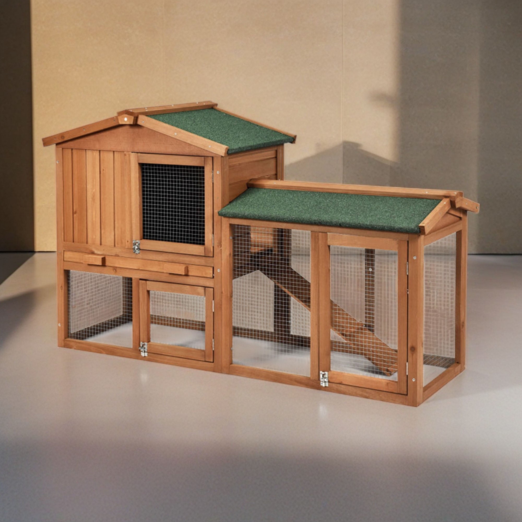 Kadyn 58" Wood Bunny Cage, 2 Layers Outdoor Rabbit Hutch, Pet Cage Chicken Coops with Run, Orange