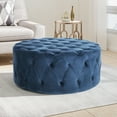 thumbnail image 2 of Orla Ottoman Rond en Velours Capitonné Moderne, Bleu, 2 of 7