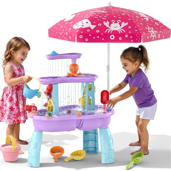 Mesa de agua Wee Wonders de 3 niveles con arenero y sombrilla