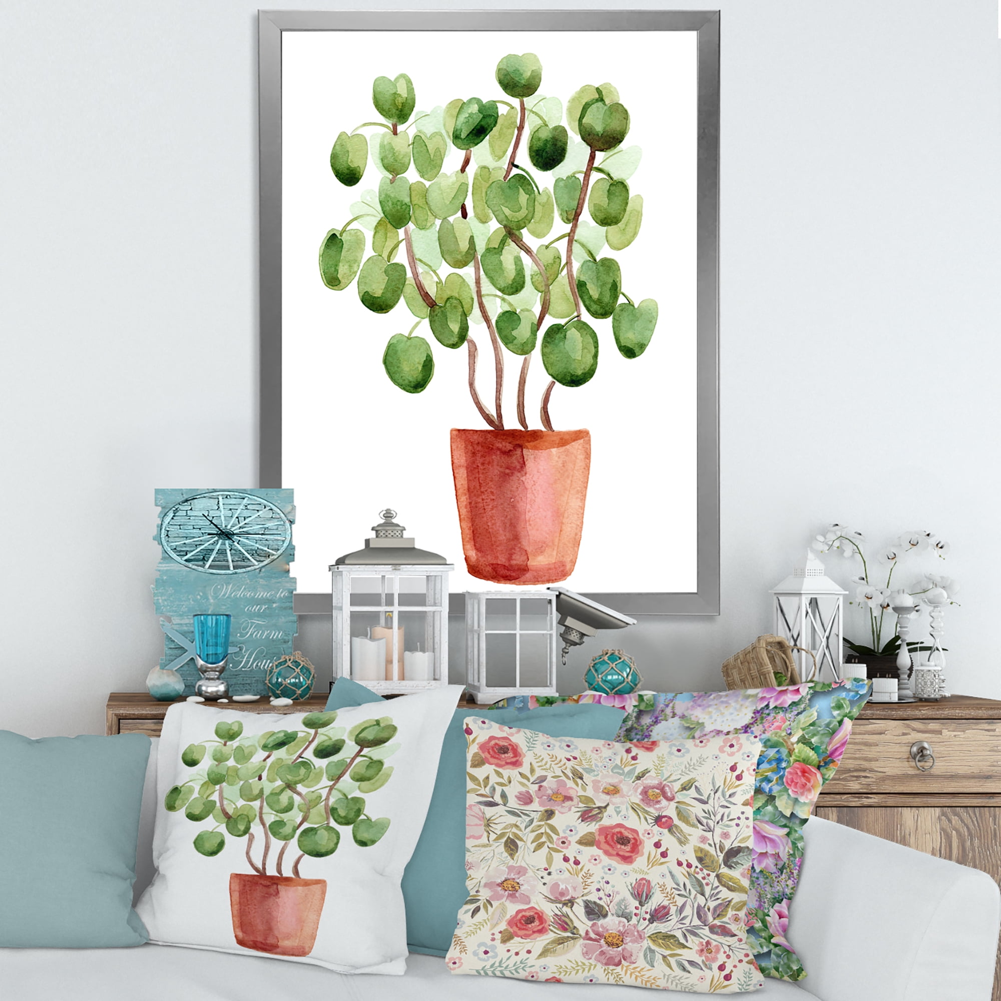 Designart 'Abstract Chinese Money Plant In Pot' Traditional Framed Art Print