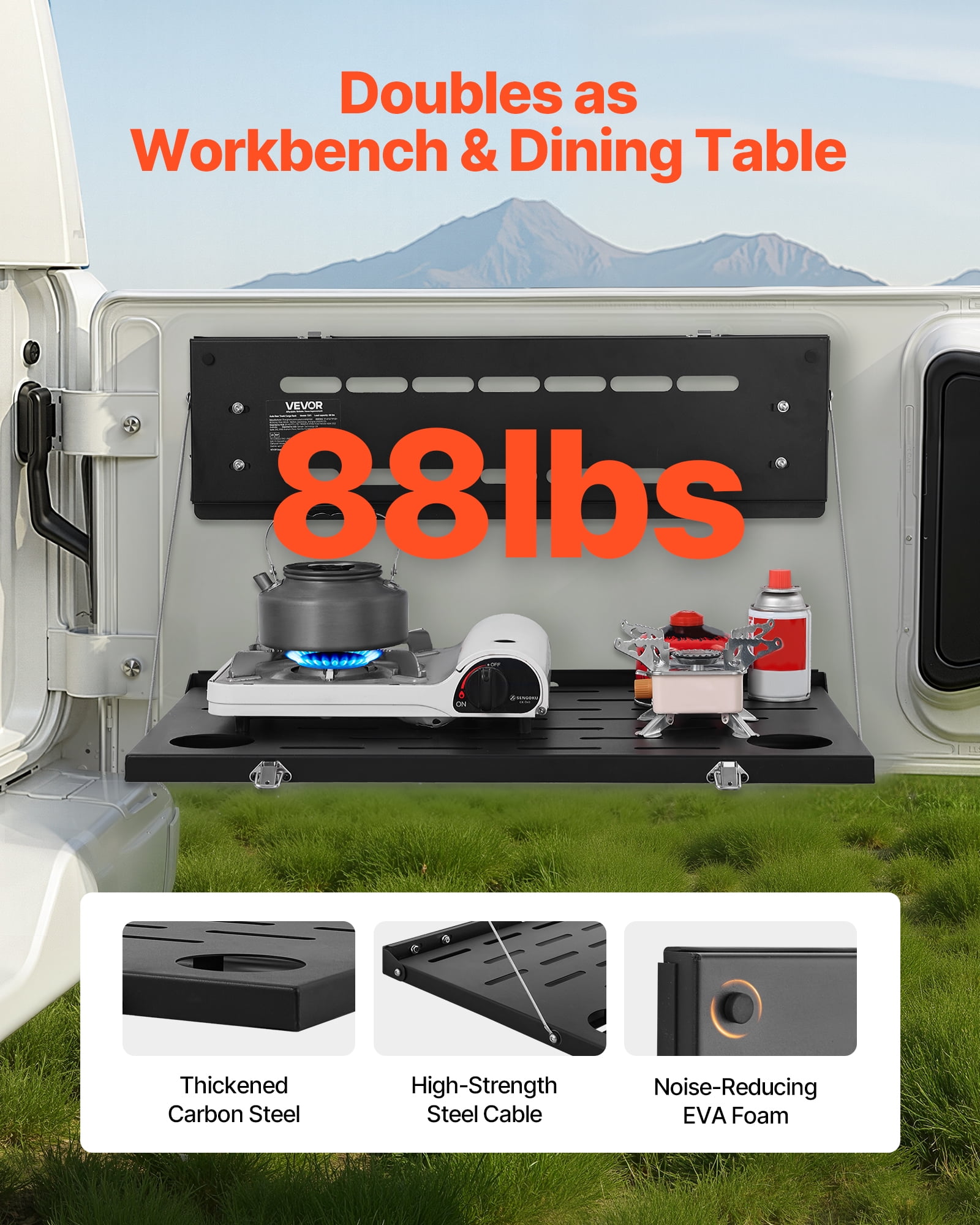 VEVOR Tailgate Table, for 2021-2025 Ford Bronco, 88 lbs Load Capacity, Carbon Steel Foldable Molle Panel Drop Down Table, Rear Door Cargo Storage Rack Shelf Luggage Holder Carrier Camping Accessories