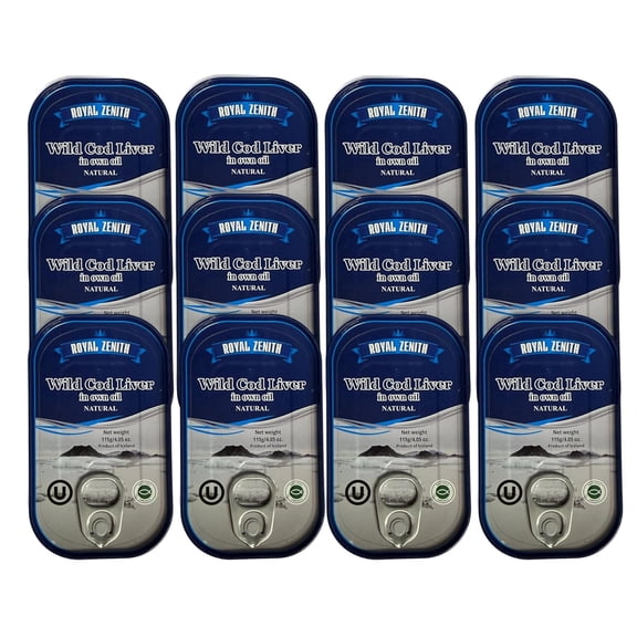 Royal Zenith Icelandic Wild Cod Liver 4.05oz/115g Pack of 12, Certified Kosher.