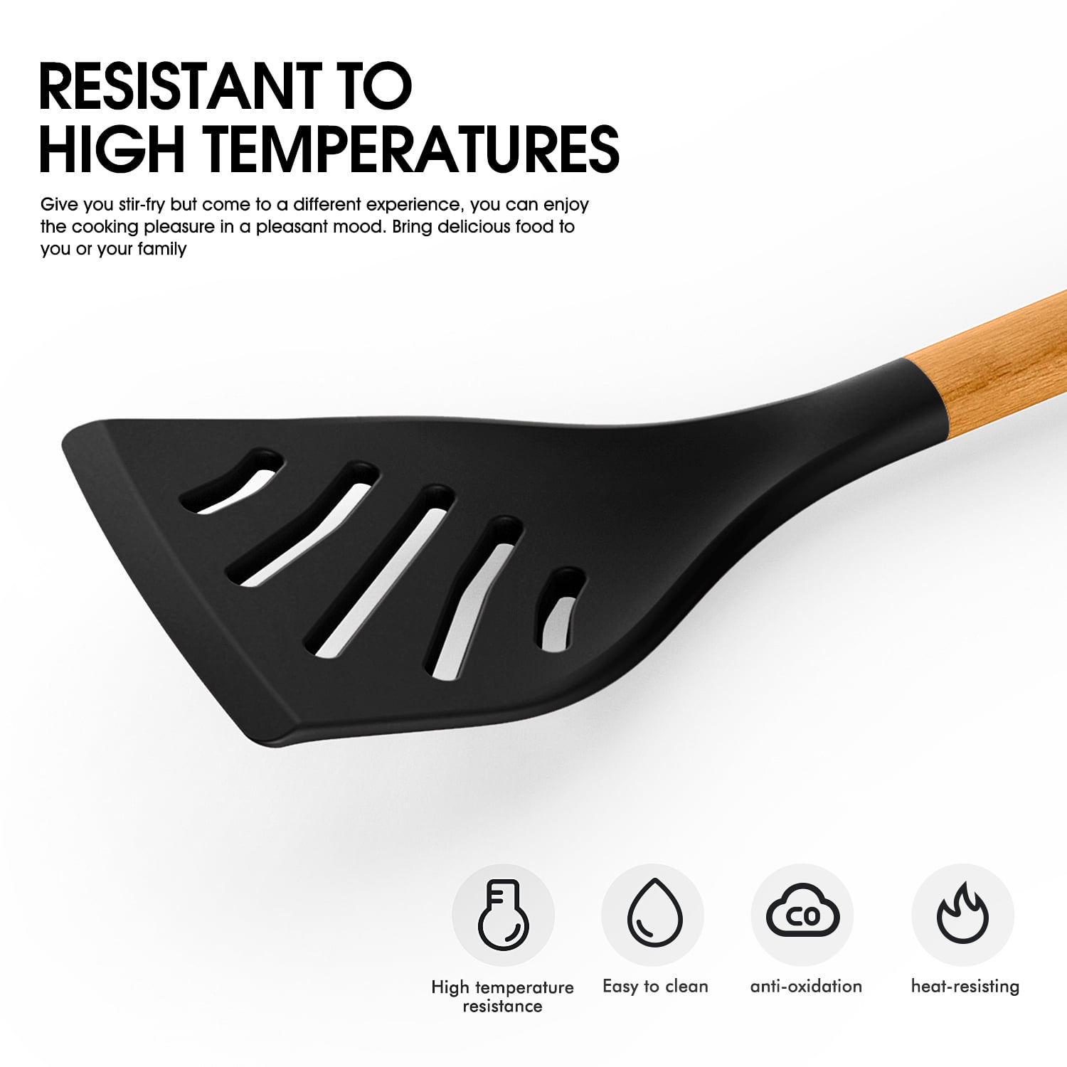 Large Silicone Cooking Utensils Set - Heat Resistant Silicone Utensils for Cooking w Long Wooden Handles, Kitchen Utensil Spatula Set, Kitchen Gadgets for Non-Stick Cookware, BPA Free(Black)
