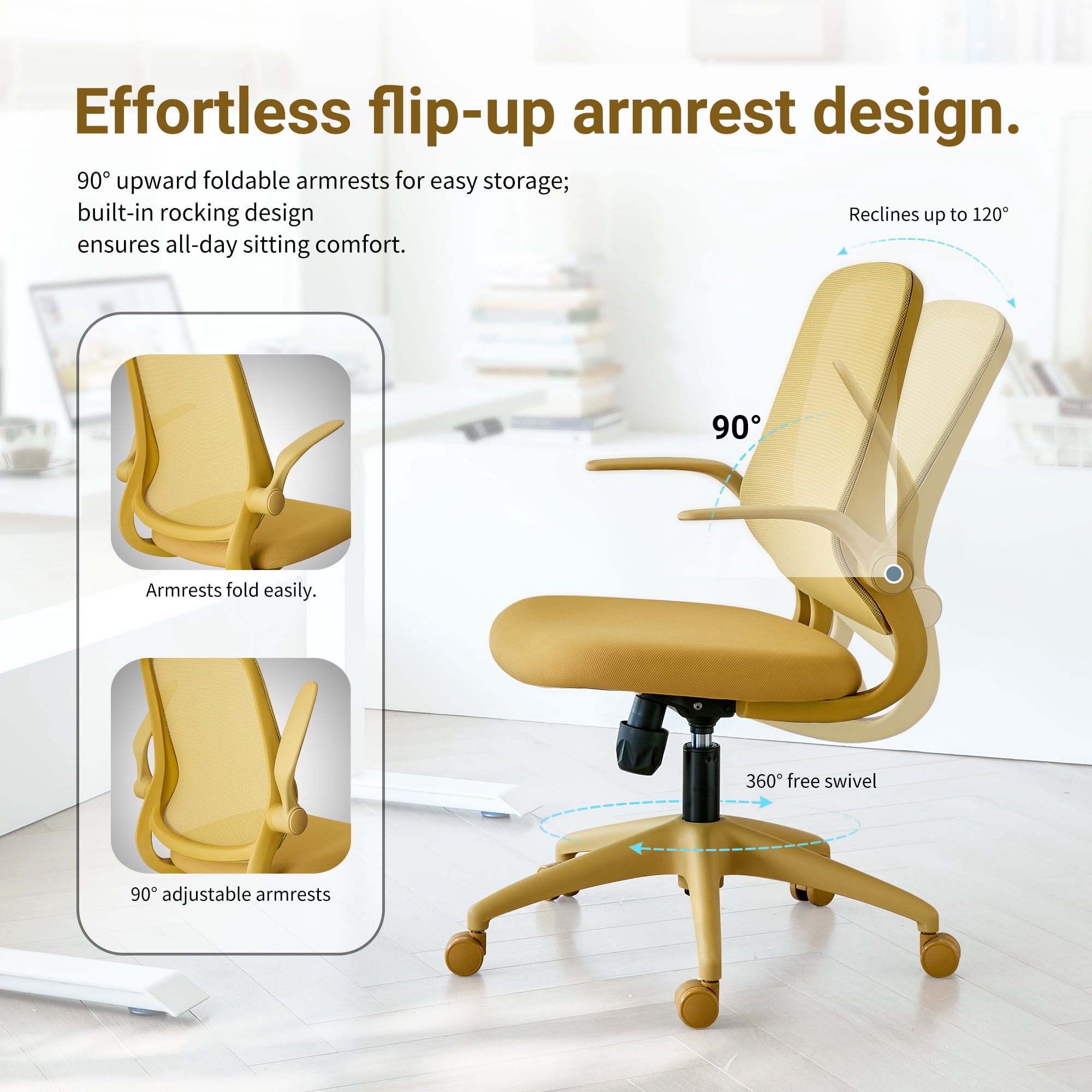 HOQBN Ergonomic Office Chair with Flip-Up Armrests, Breathable Mesh Back, Integrated Molded Foam Seat, 350lb Capacity,Yellow