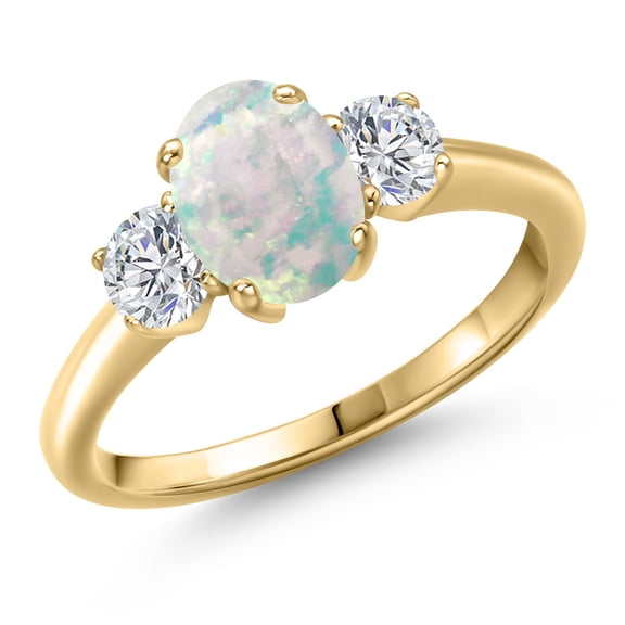 Gem Stone King 10K Yellow Gold Simulated White Opal and Lab Grown Diamond Engagement Ring for Women | 1.54 Cttw | Oval Cabochon 8X6MM | Gemstone October Birthstone | Size 7
