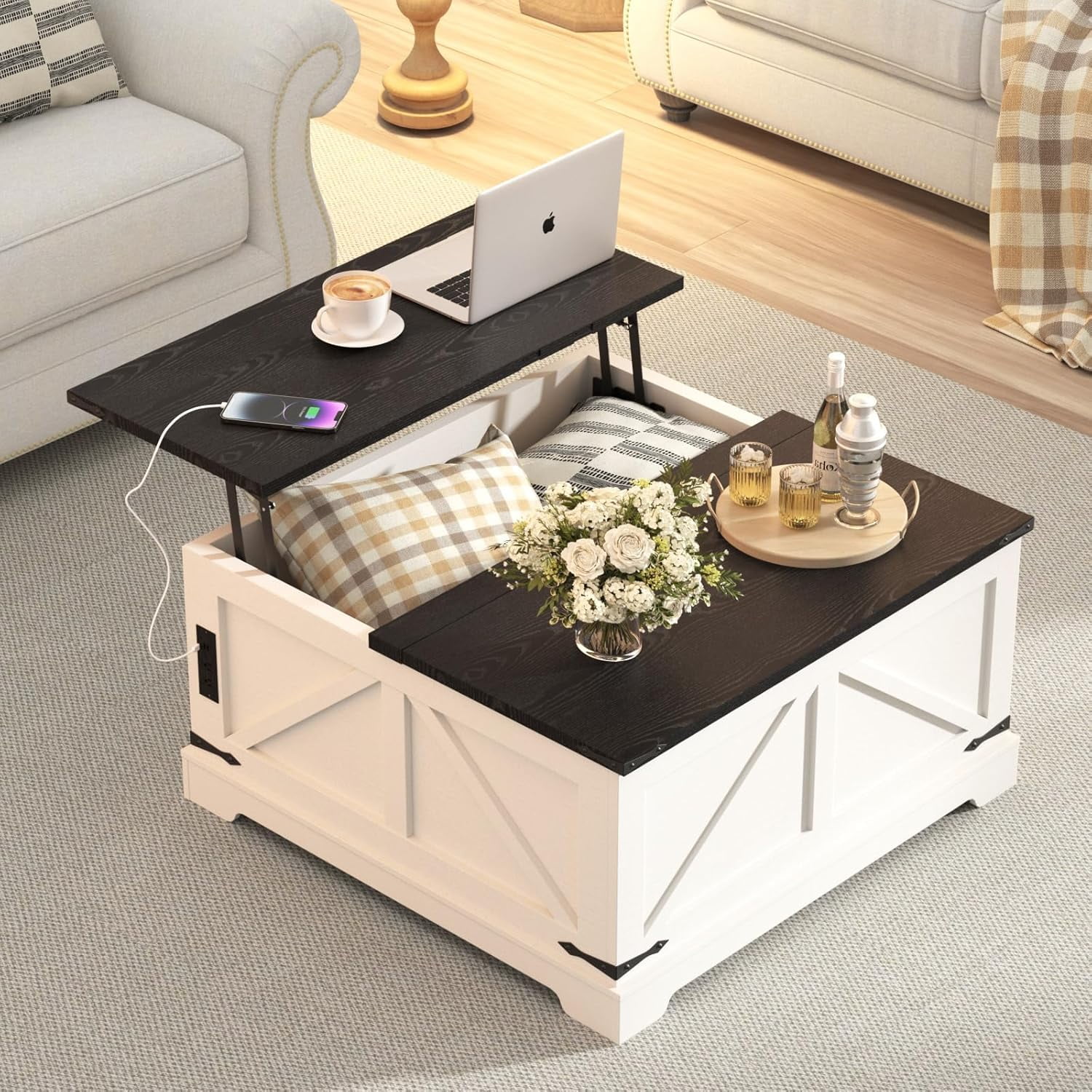 VEANERWOOD 35.4" Lift Top Coffee Table, Farmhouse Wood Square Center Table with Storage & Charging Station Hidden Compartment for Living Room, Home Office