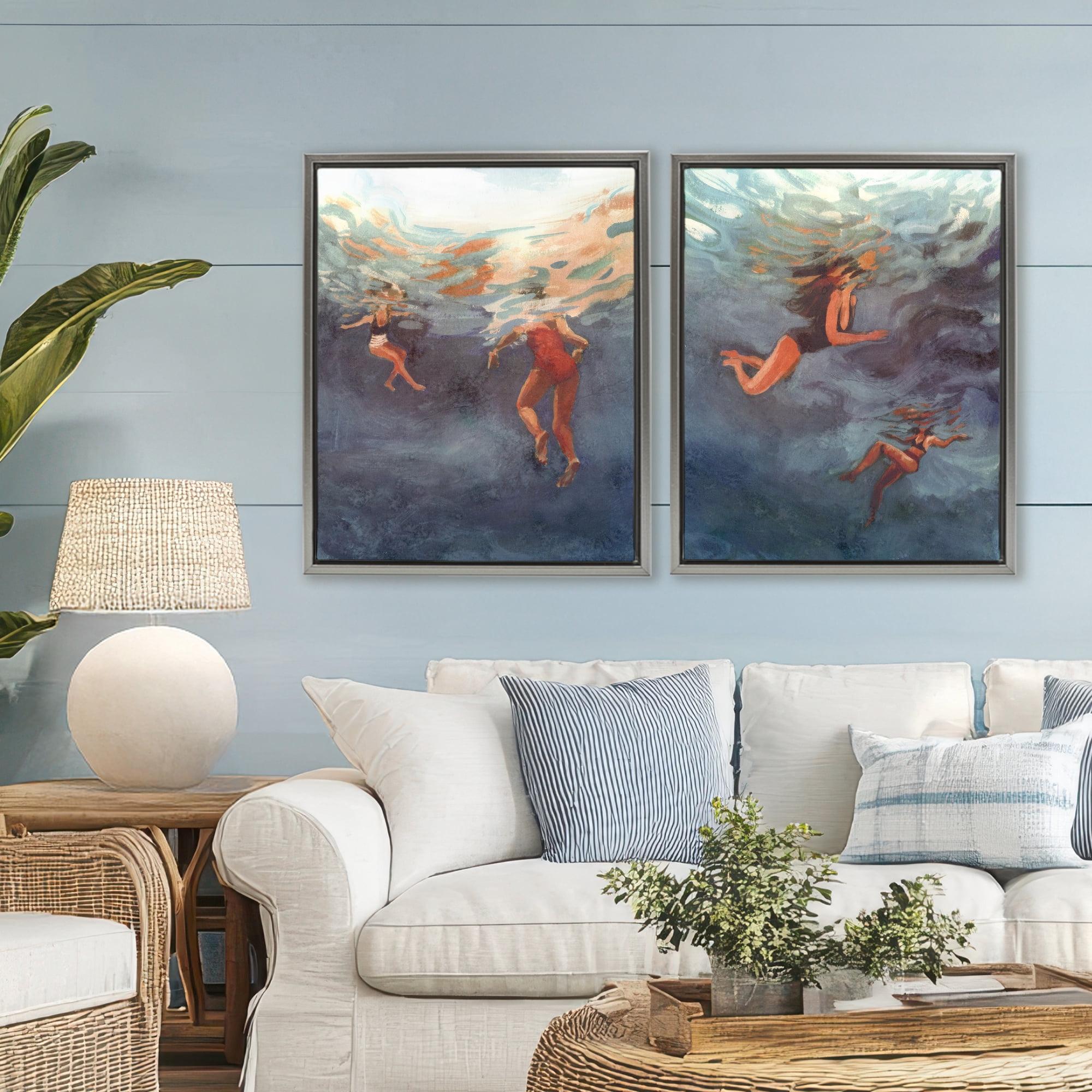 Stupell Industries Swimming Summer's Dance 2 Piece Gray Framed Floater Canvas Set, design by Victoria Barnes