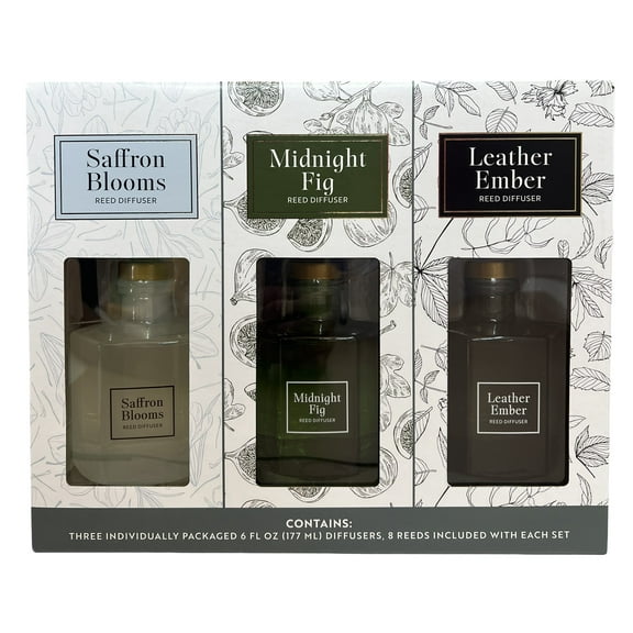 Bellevue Reed Diffuser Set Variety, 6 Fluid Ounce (8 Reeds Included) - Saffron Blooms, Midnight Fig, Leather Ember