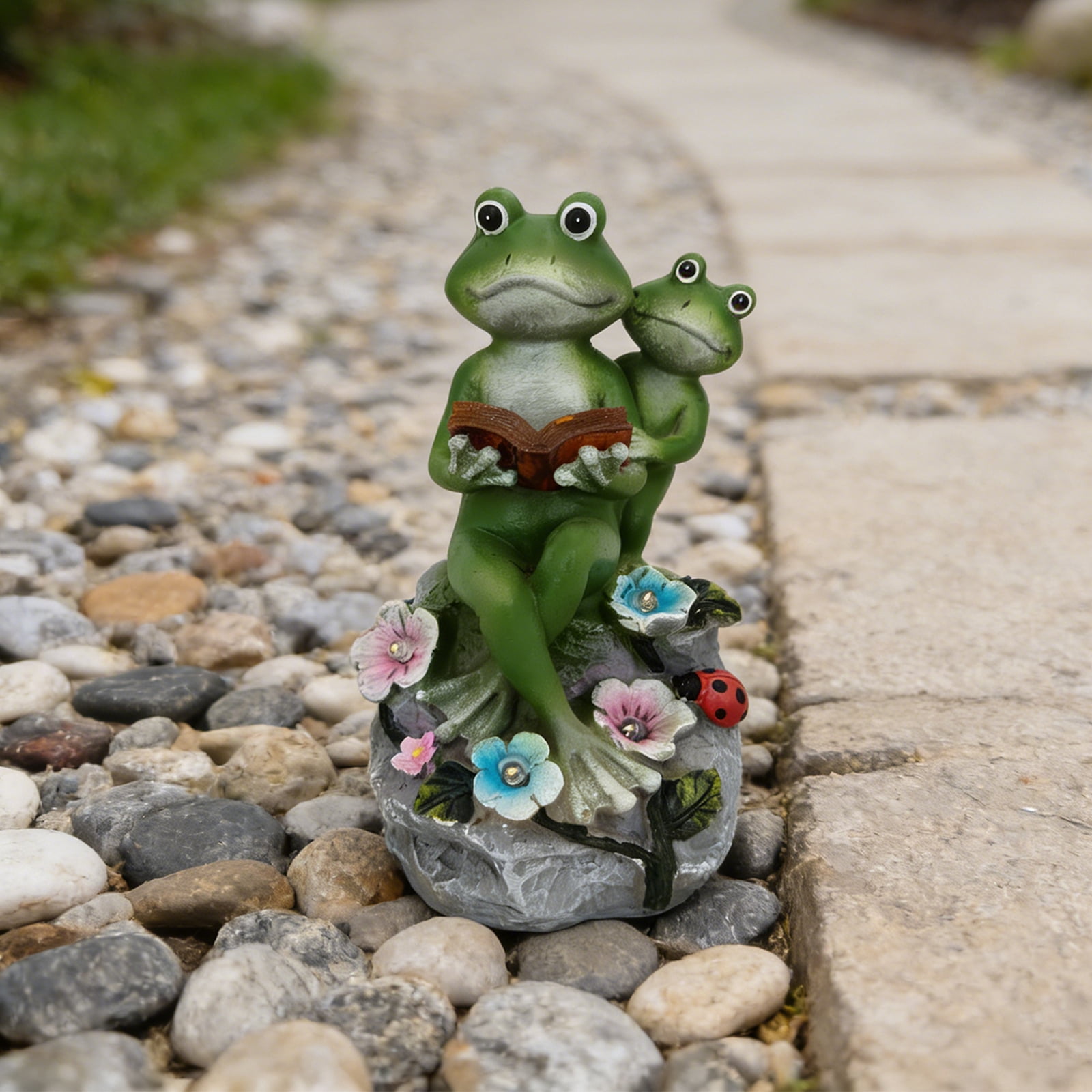 Solar LED Frog Garden Statue - Reading Frog Couple with Flower Lights, Whimsical Outdoor Decor for Patio, Lawn, Yard, Gift for Garden Lovers