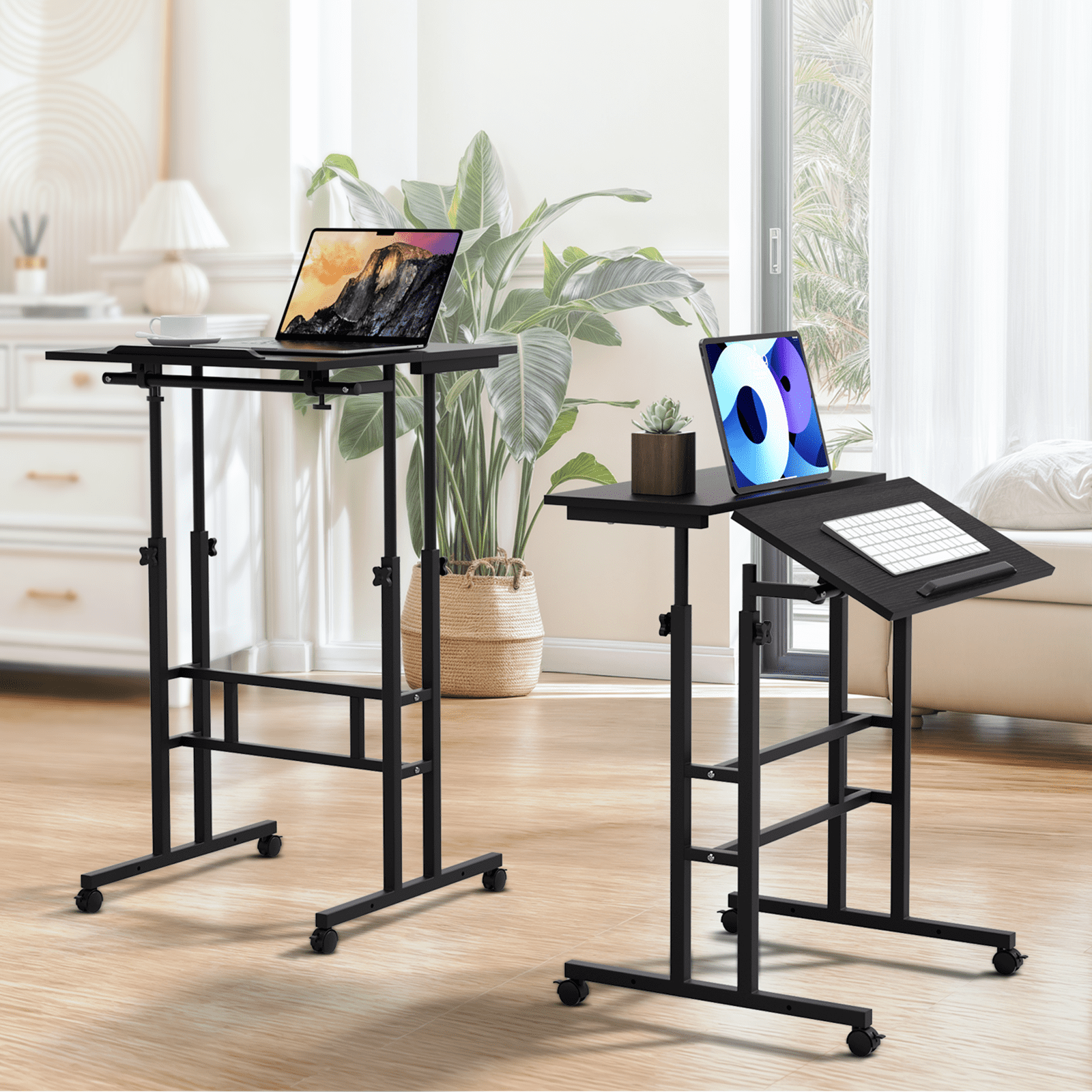 MoNiBloom Mobile Computer Desk with Tilting Table, Adjustable Small Standing Desk with Monitor Shelf for Standing or Sitting, Black