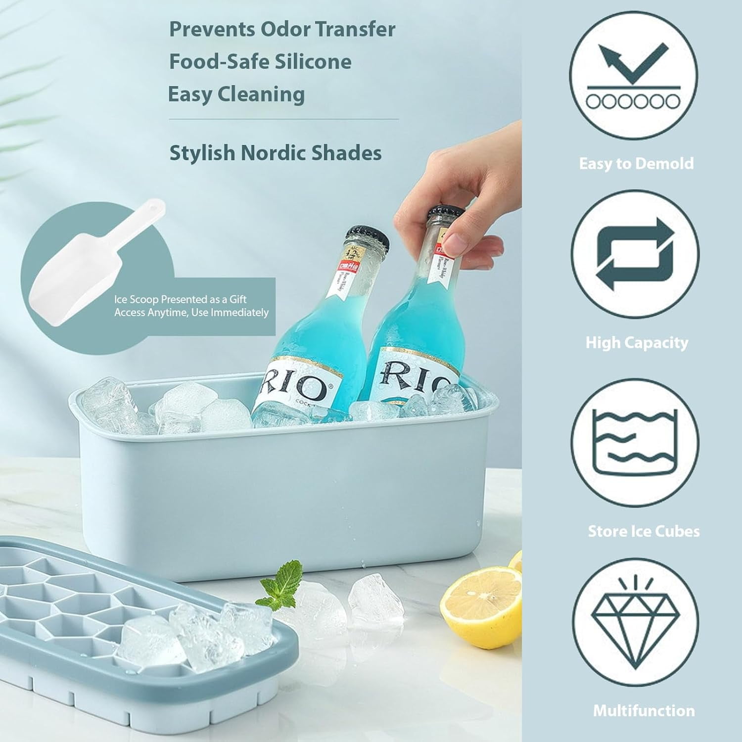 ABPETE Silicone Ice Cube Tray,Ice Cube Tray with Lid–Ice Cube Mold with 78 Cubes,Ice Cube Trays for Freezer with 1 trays,Dishwasher Safe,Stackable Ice Trays with Free Ice Scoop–Nordic Blue