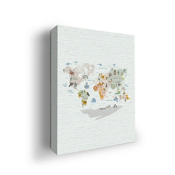 Kids World Map Canvas Wall Art by Mavis Print- 12x16 inches Map Wall Decor | UV & Water Resistant HD Printed & Wooden framed wall art | Modern Wall Decor for Gift | Made in USA