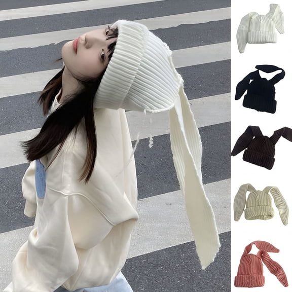 TELOLY Long Rabbit Ears Beanie Hats Thickened Knitted Bunny Ears Cap Cute Plush Winter Hat for Women Girls