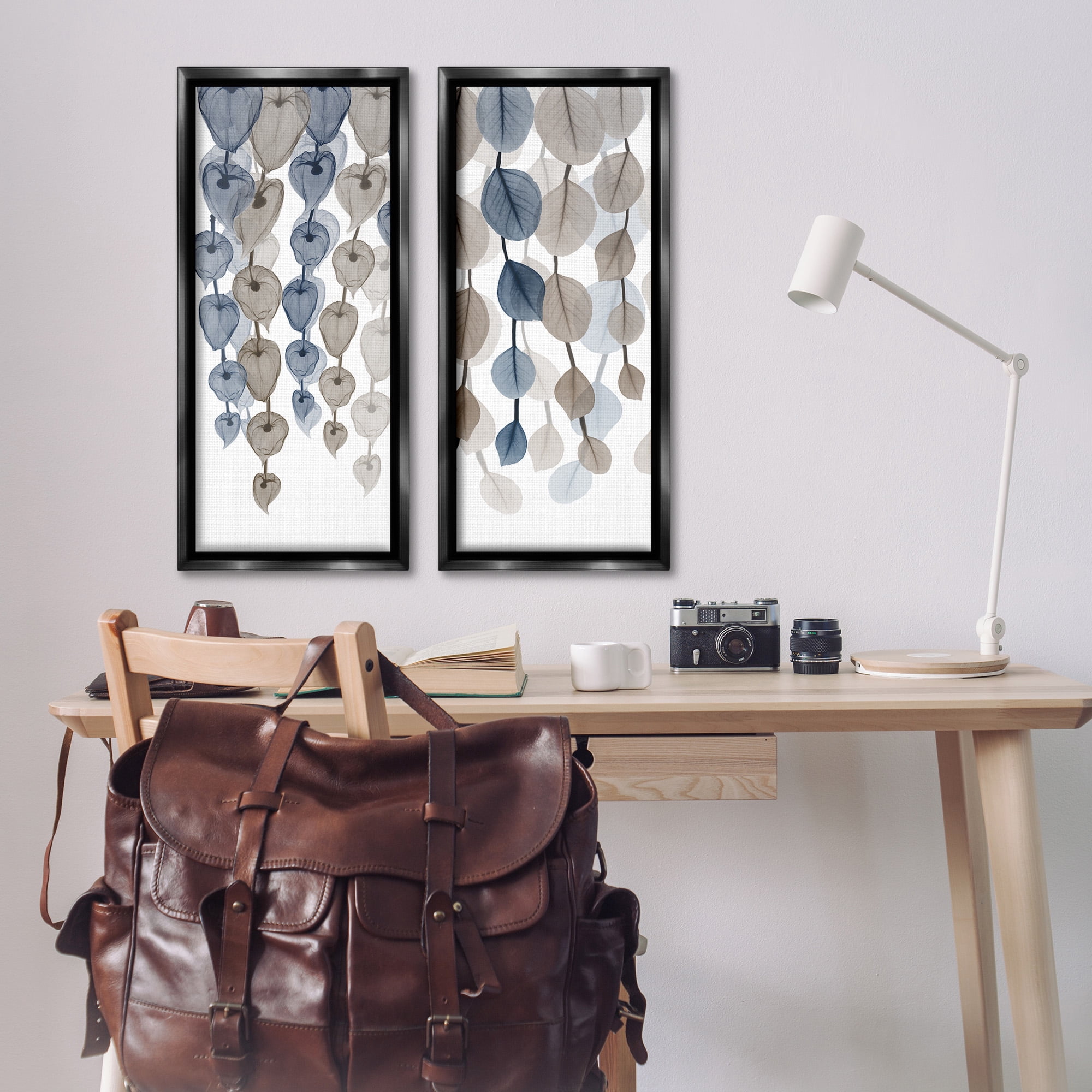 Stupell Industries Neutral Opaque Cascading Leaves Abstract Painting Black Floater Framed Canvas Art Print Wall Art, 15 x 31, Set of 2