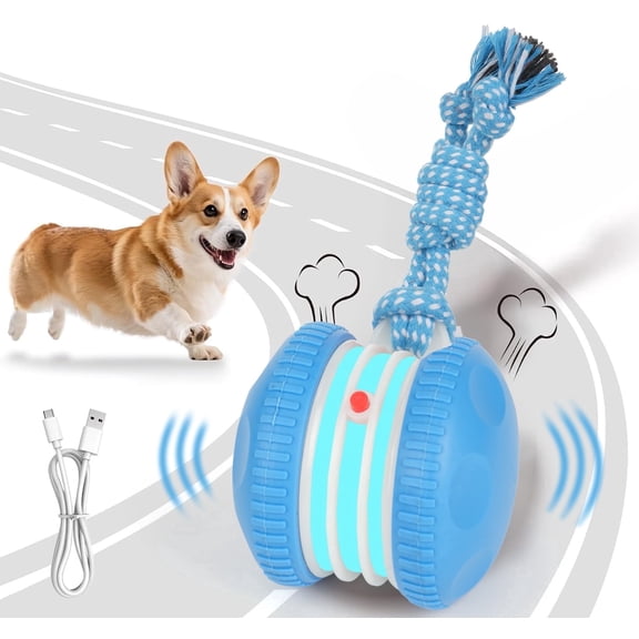 Inadays Interactive Dog Toy, Motion Activated Automatic Rolling Ball Toys with Rope for Small Medium Dogs and Cat, Automatic Moving Dogs Toy for Boredom Relief, USB Rechargeable, Blue