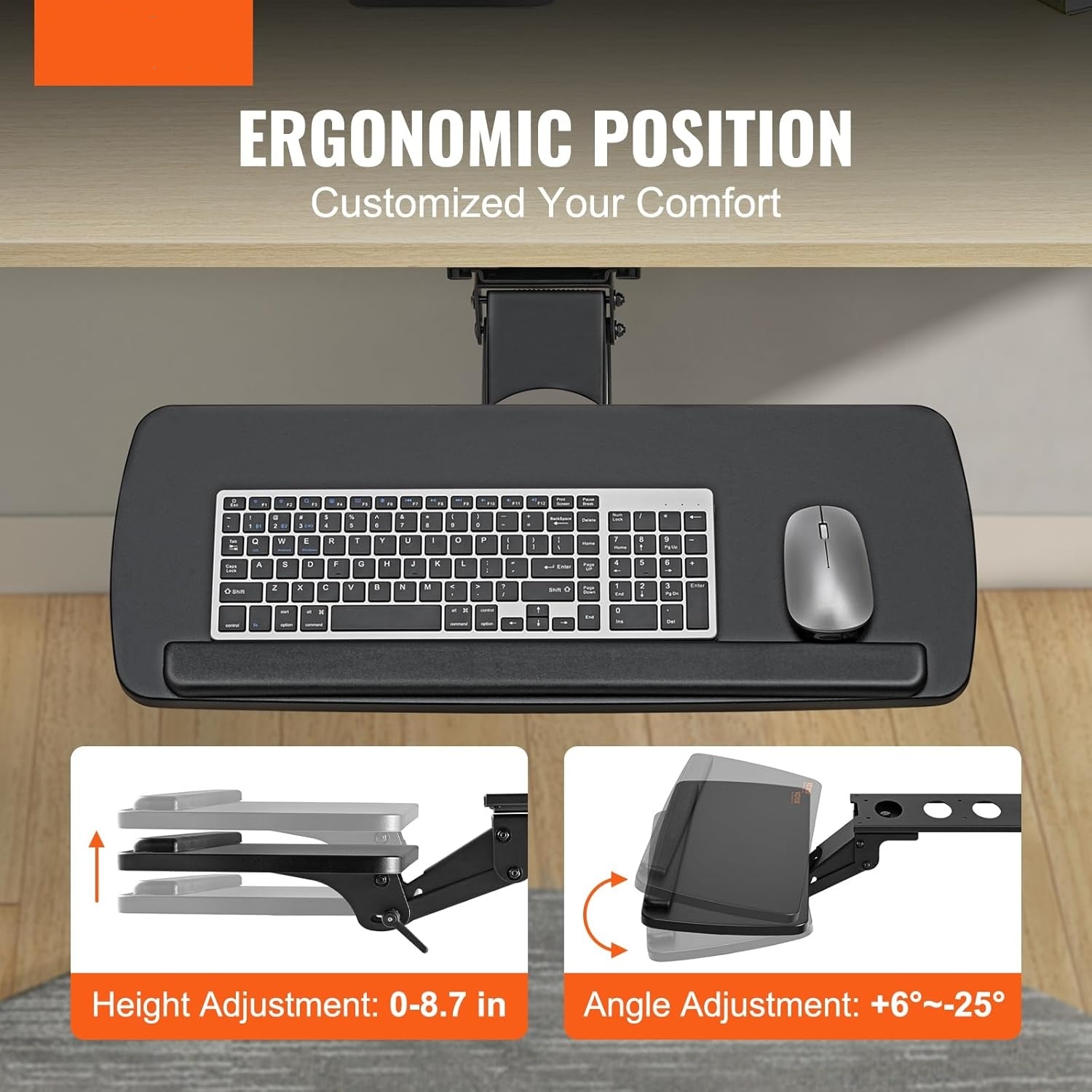 Under-Desk Keyboard Tray, Adjustable for Height and Tilt, Slide-Out Design, Spacious 25x9.8 Inch Surface, Ideal for Home and Office Use