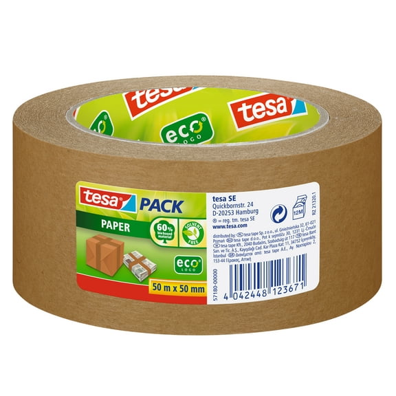 tesa Strong Brown Paper Carton Sealing Tape Eco Friendly Packing Tape Secure Packaging Tape, 2" x 55 yd
