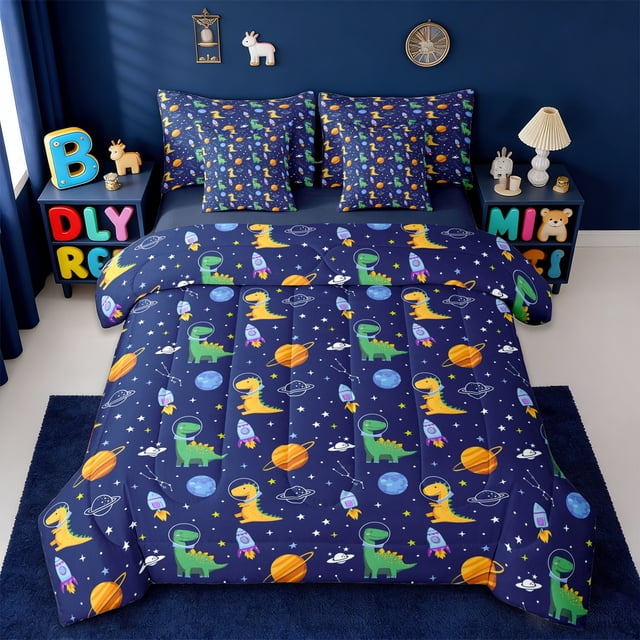 Manfei Ensembles de Literie Simple 7 Pcs pour Enfants avec Dinosaures Dessin Animé, Ensemble de Douillette de Literie Galaxie Planète Abstraite Dino de Jungle pour Garçons, Réversible