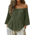 thumbnail image 2 of Xdegoge Linen Off Shoulder Blouse for Women Three Quarter Sleeve Smocked Neckline Peplum Ruffle Hem Loose Flowy Cotton Feel Casual Summer Dressy Beach Vacation Tops, 2 of 9