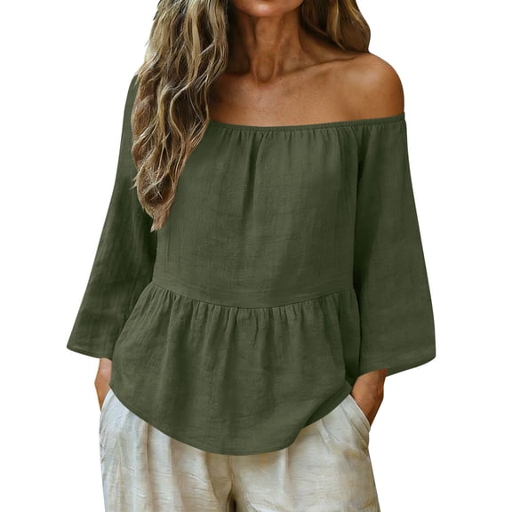 Off Shoulder Tops for Women 3/4 Sleeve Peplum Blouse Solid Color Casual T-Shirts Dressy Pleated Tops Summer Fashion Clothing