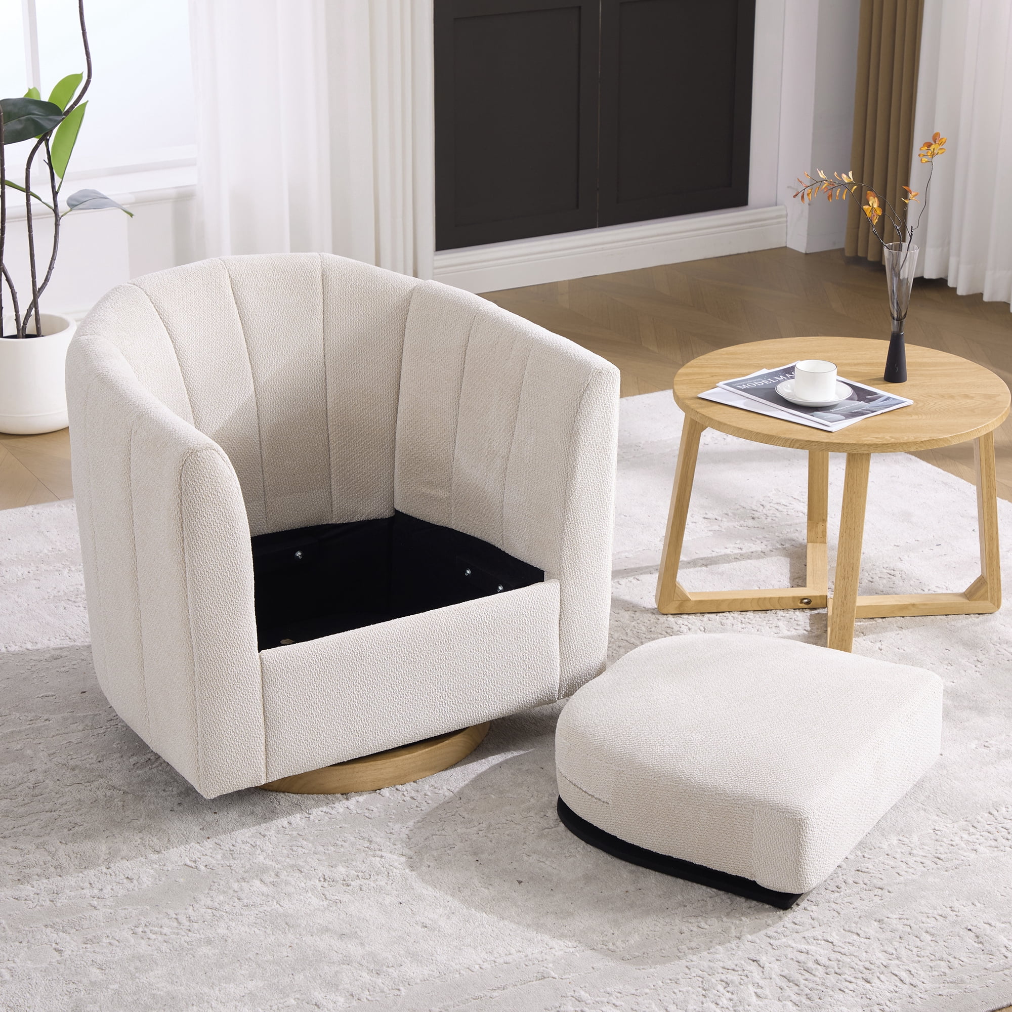 Leumius Swivel Barrel Chair with Solid Wood Base, Comfy Channel Tufted Accent Round Armchair, Single Club Sofa for Living Room Bedroom Reading Nook Corner Apartment, Beige