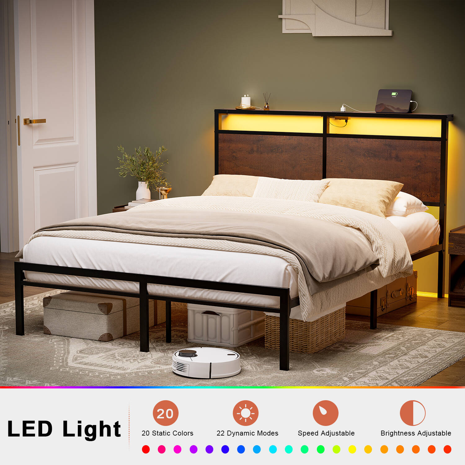 GUNAITO Full Size Bed Frame with Headboard Metal Platform Bed with LED Lights and Charging Station, Rustic Brown