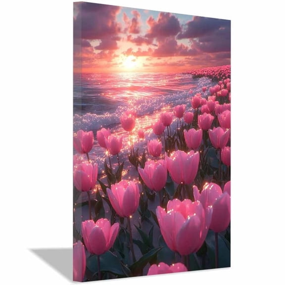 Mudket Pink Tulips on Beach Sunset Canvas Wall Art, Framed Ready to Hang, Romantic Floral Landscape Wall Decor for Living Room Bedroom Bathroom, Nature Flower Print - 12"L x 8"W