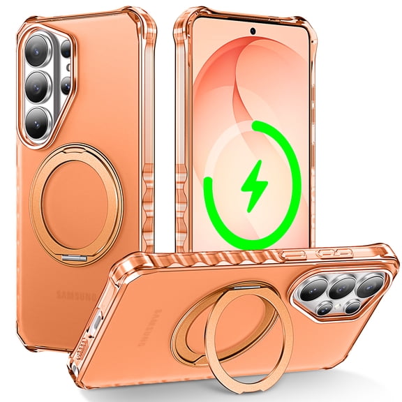 ELEHOLD for Samsung Galaxy S26 Ultra Magnetic Case, Shockproof 360° Rotating Ring Kickstand Rugged Matte Back Protective Cover,Orange