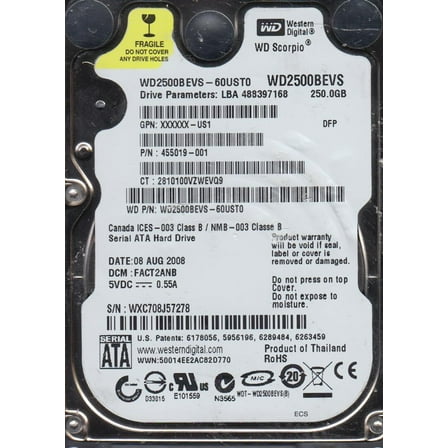 WD2500BEVS-60UST0, DCM FACT2ANB, Western Digital 250GB SATA 2.5 Hard Drive