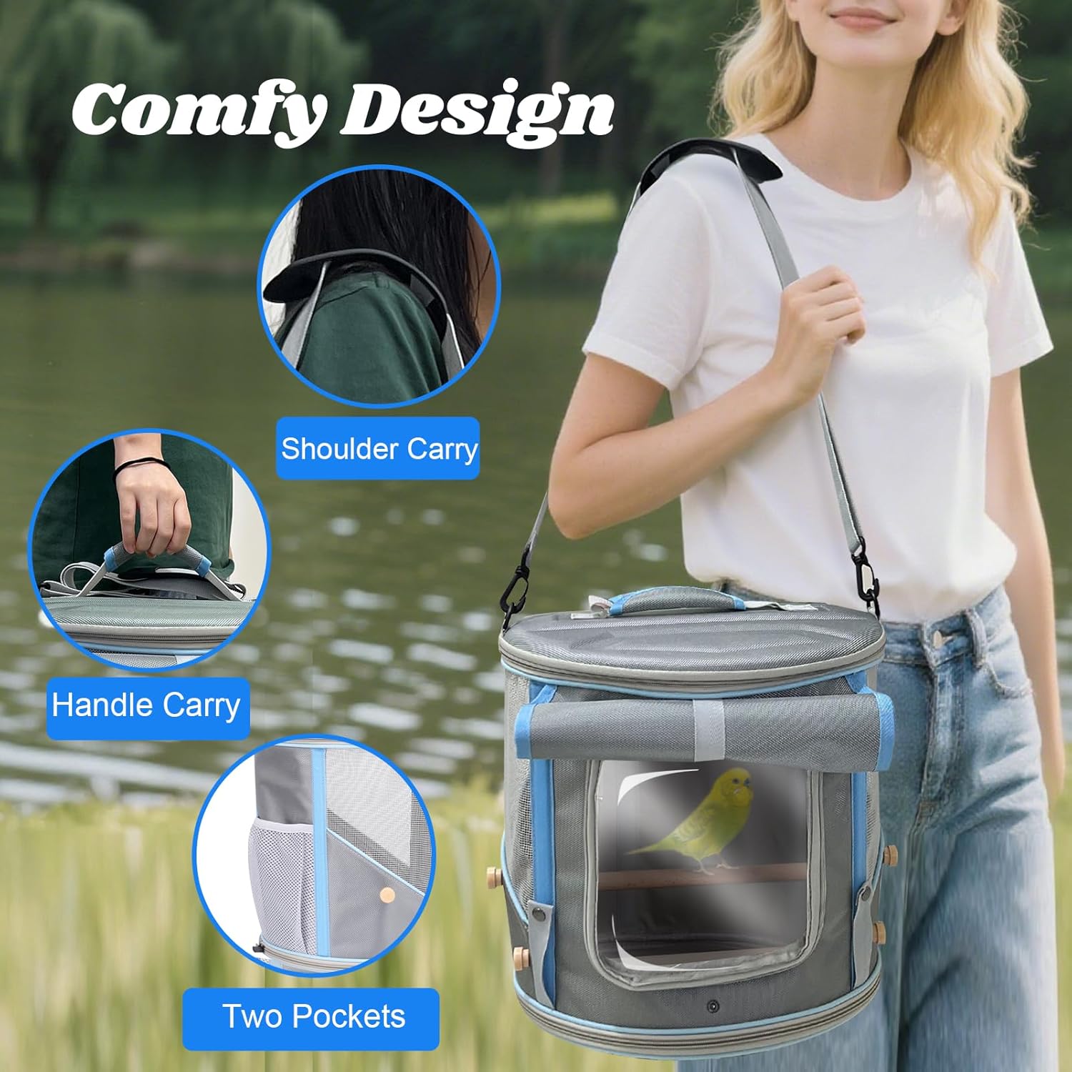 Small to Medium Birds Carrier Cage, Portable Handle Cylindrical Bird House with Metal Tray and Two (2) Wooden Stand Perch, Front Shade with Clear View