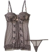 Women's Lace up Micro Mesh Chemise and G-String Panty set with Lace trim